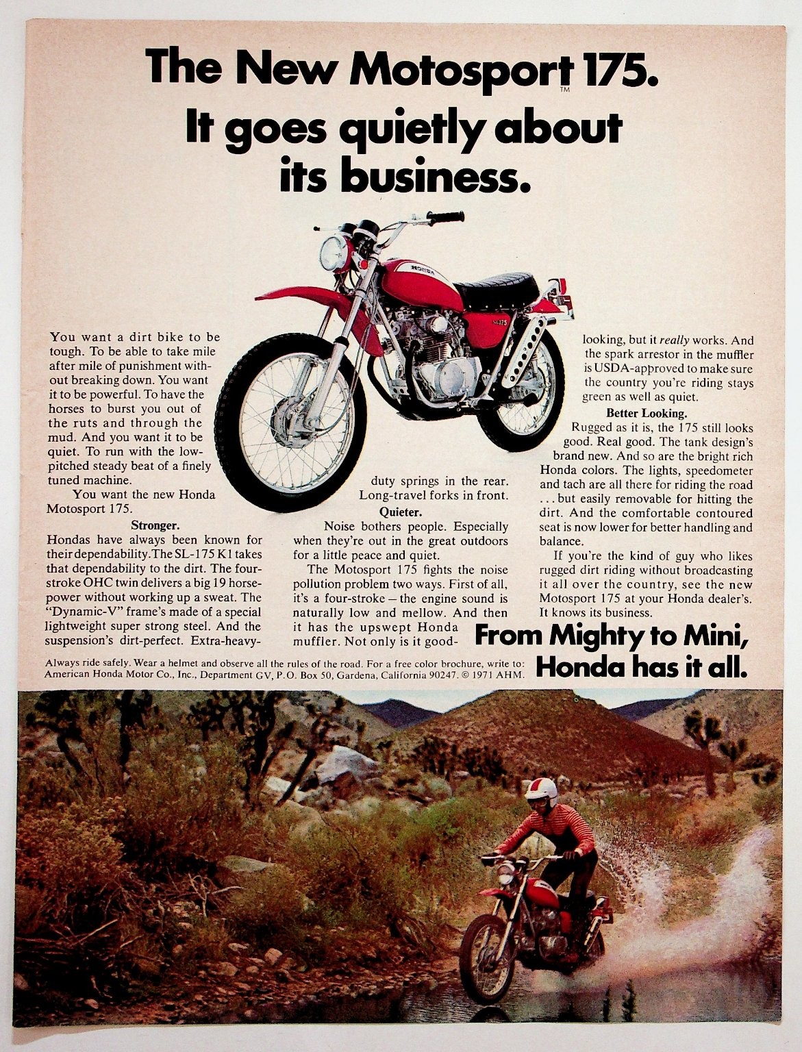 Vintage 1971 Honda Motosport 175 SL175 K1 Motorcycle Print Ad Ephemera