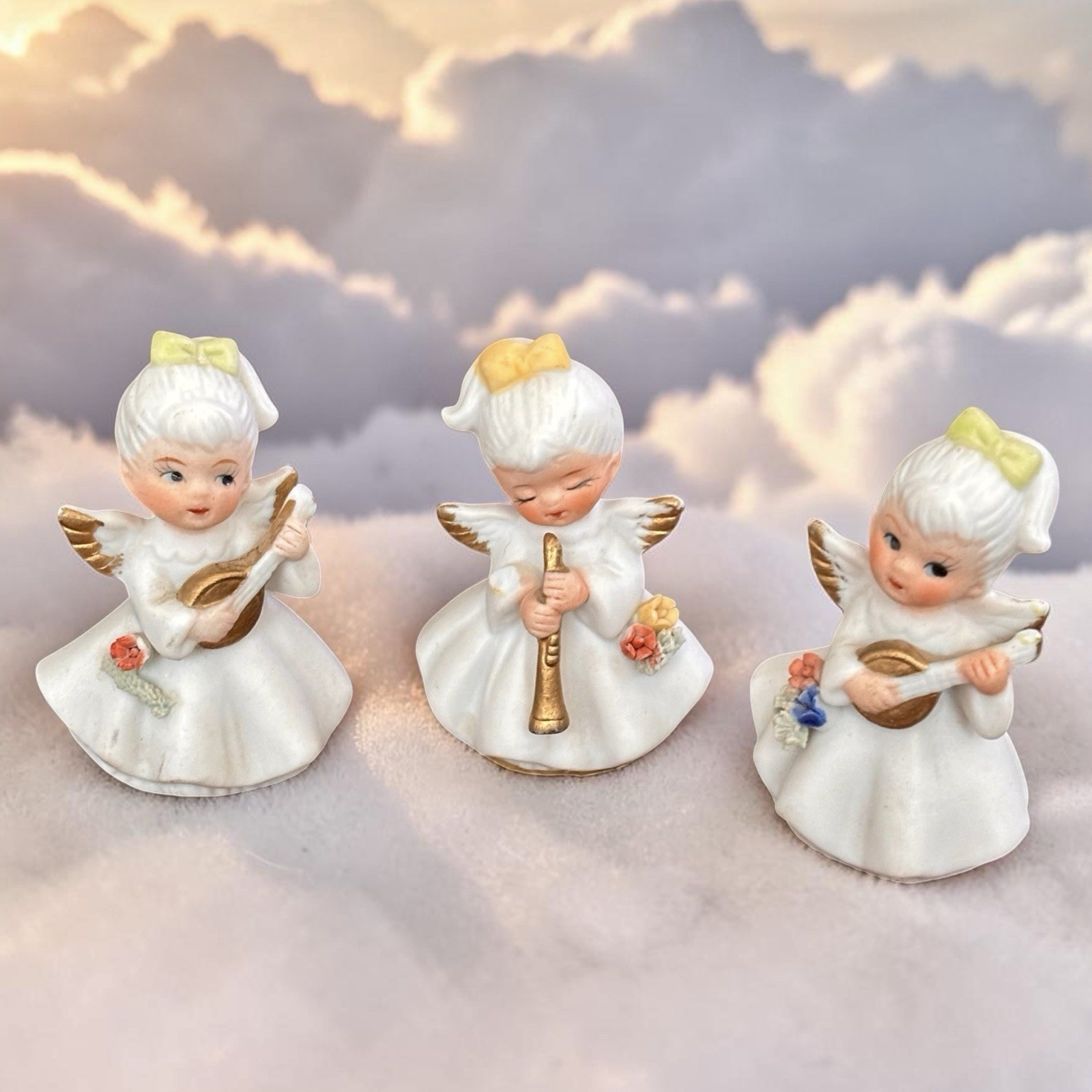 Vintage Napcoware Porcelain Holiday Musical Angels Miniature 2” Trio Extra Angel