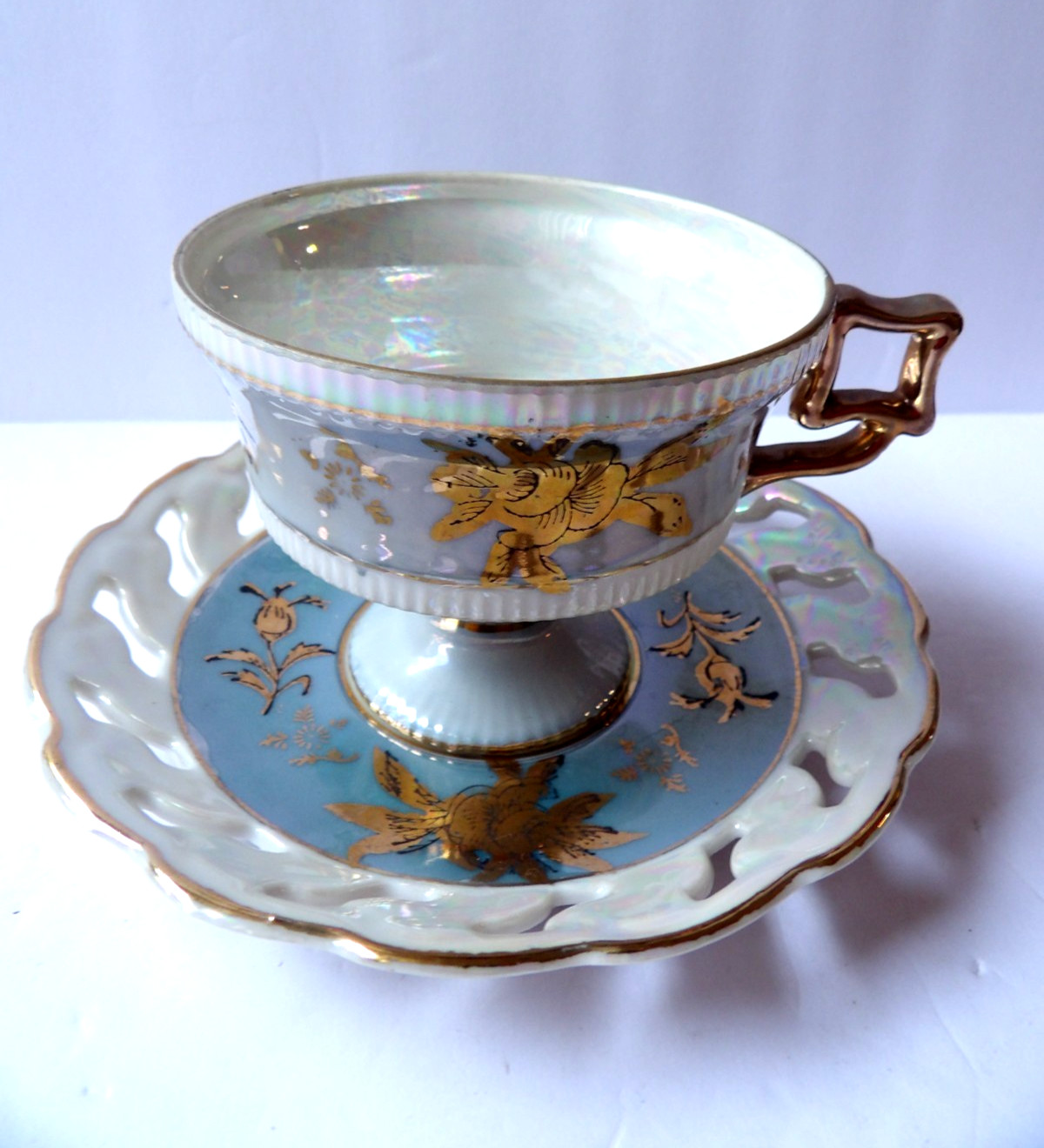 Vintage Footed Teacup & Saucer Gilded w/Pierced Saucer Iredescent Finish