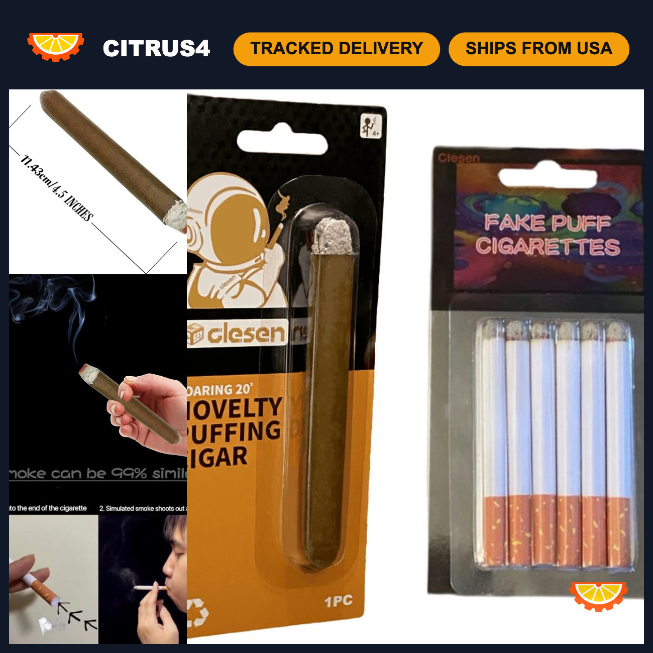 Realistic Fake Puff Cigarettes & Cigar Set - 6 Pack + Smoke Magic Trick Prop
