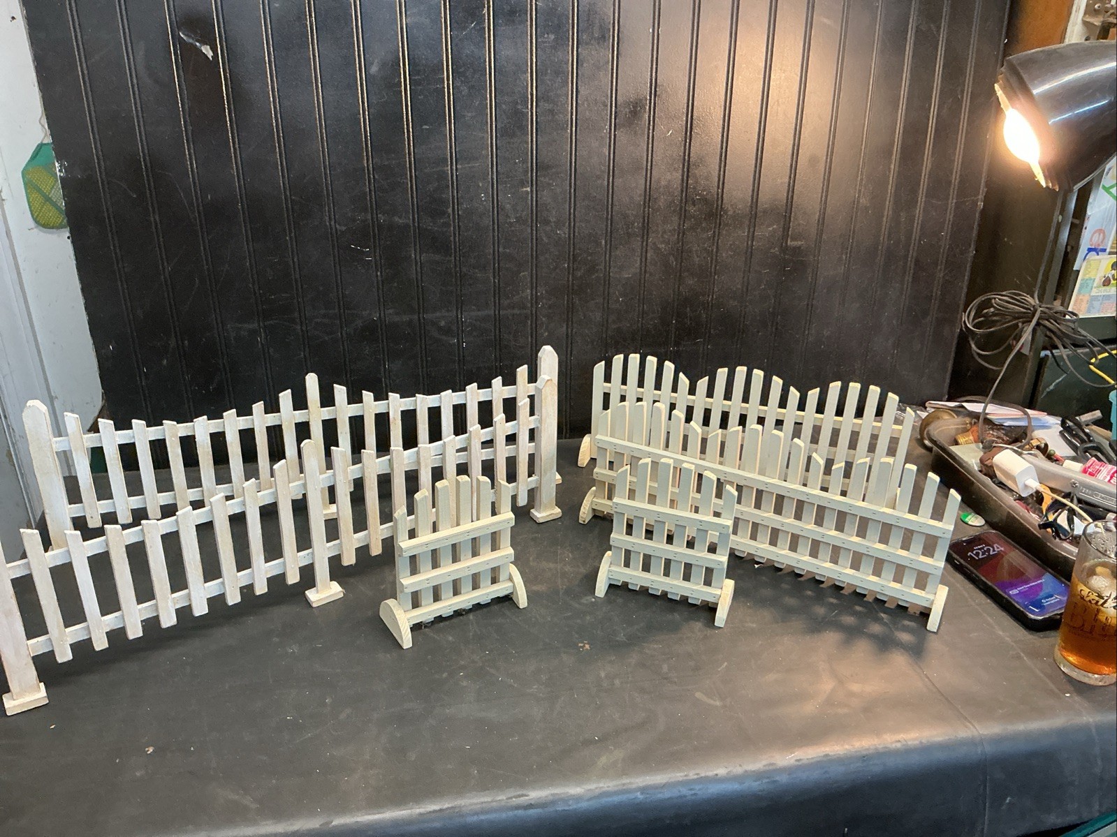 6 Pieces Lg. Vintage Primitive White Wooden Christmas Tree Picket Fence 8ftx6in