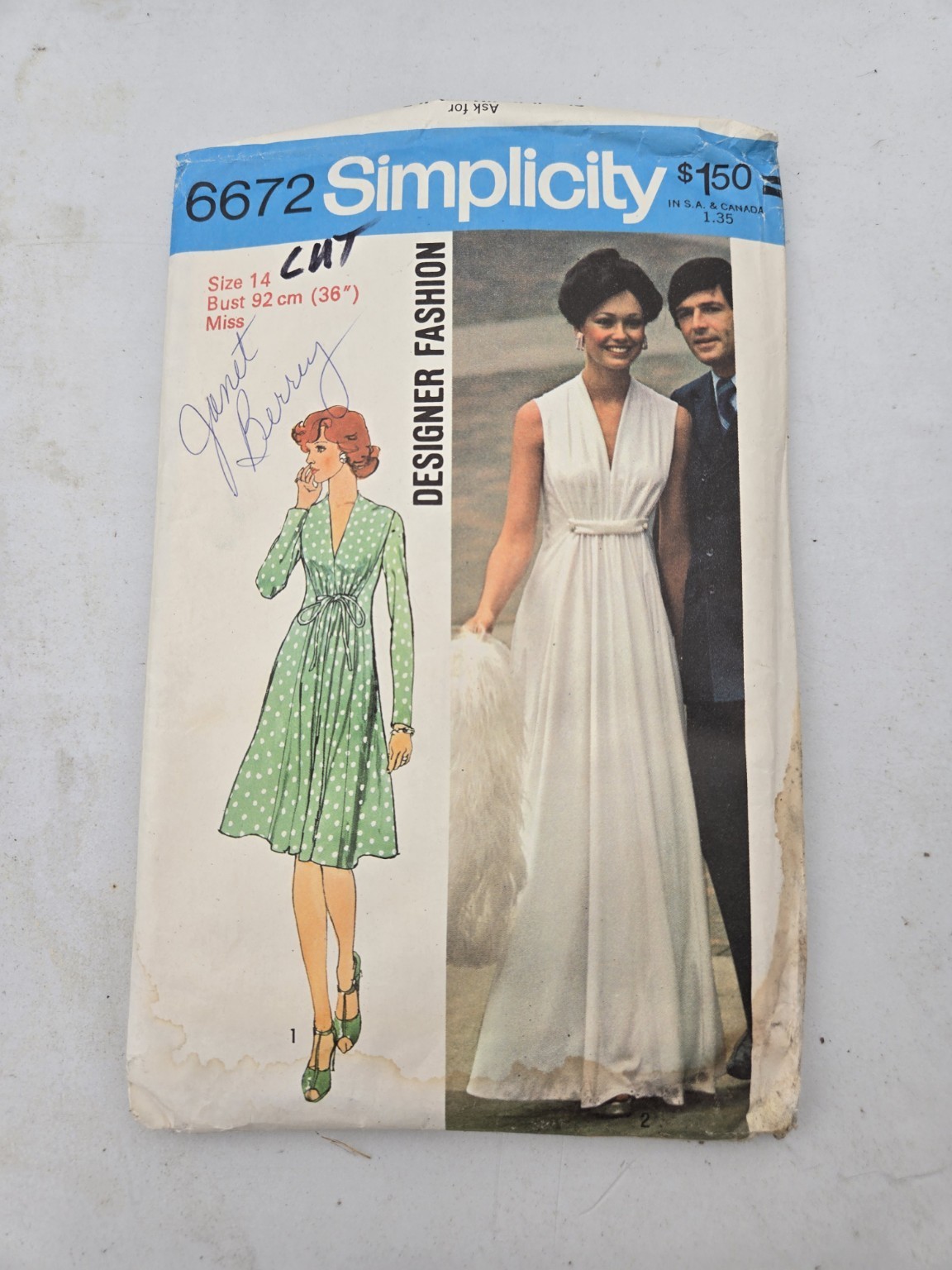 Simplicity Vintage Sewing Pattern 6672 Size  12 Dress 1974 Designer Fashion Cut