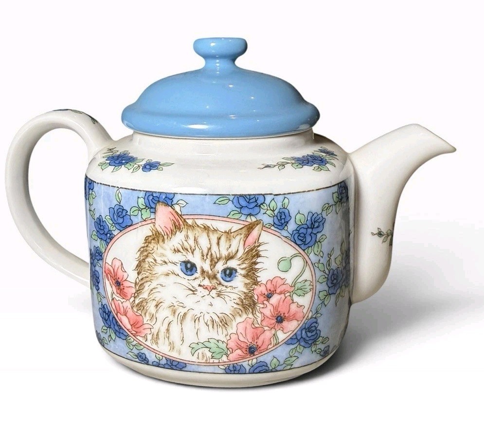 Vintage Takahashi Cat Teapot Siamese Persian Blue Floral 1980s San Francisco