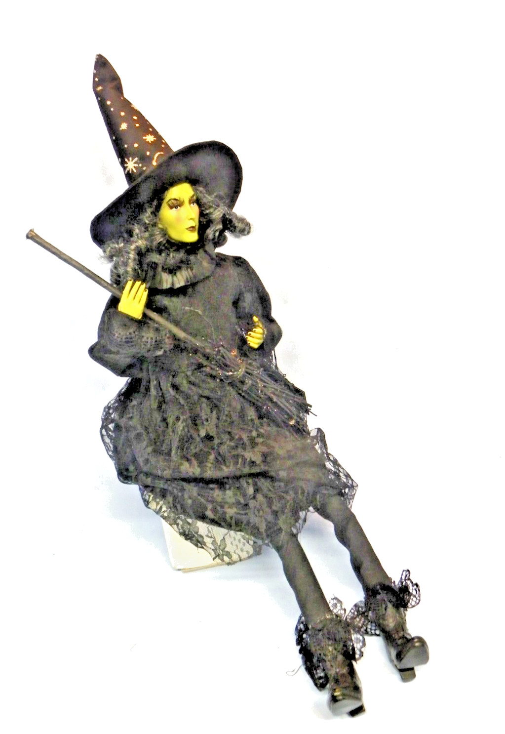 Broomstick Halloween Doll Ornate Dress Weighted Bottom Shelf Sitter 26”