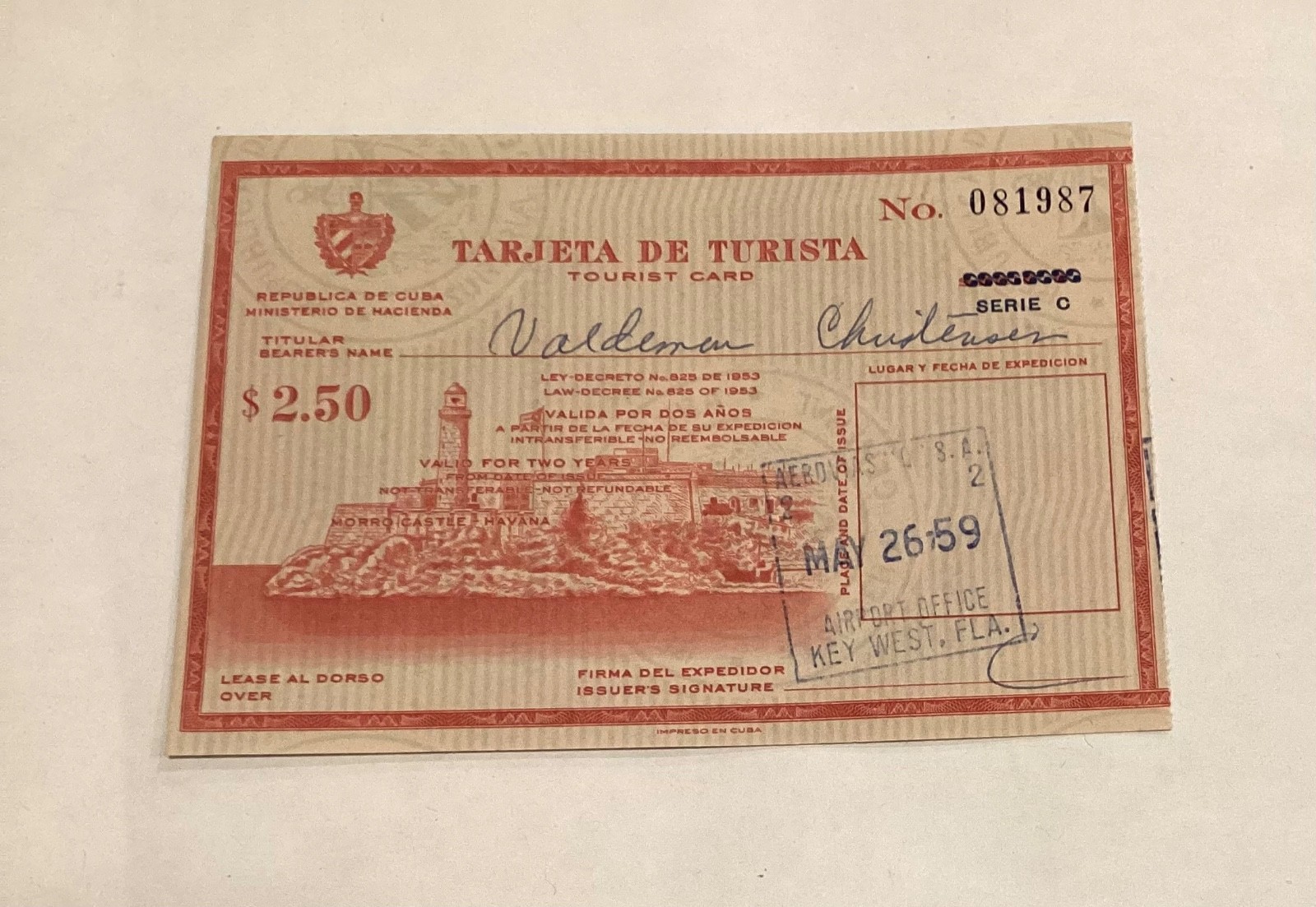 Cuba Tourist Card 1959 F4