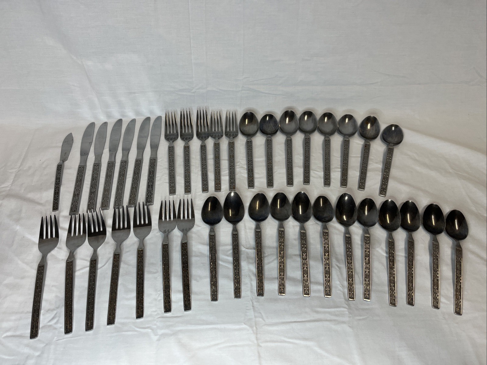 39pc Vtg National Stainless Miranda Pattern Silverware Japan MCM Ornate Floral