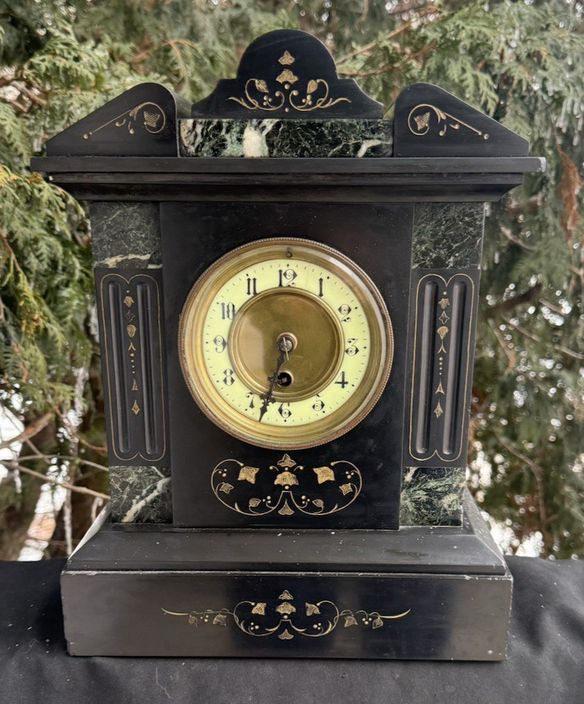 Antique C 1870s - 1890s French Slate & Marble Mantle Clock TIME ONLY - SEE VIDEO