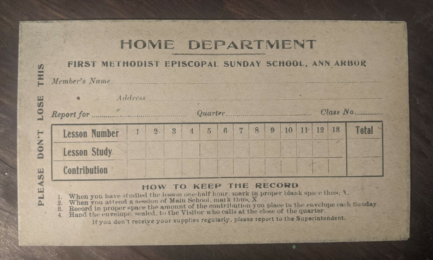 OFFERING ENVELOPE - First Methodist Episcopal Ann Arbor MI c. 1900 Sunday School