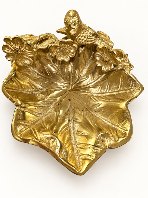 Gold-tone Bird & Leaf Decorative Trinket Dish With Floral Detail - Pre-Owned