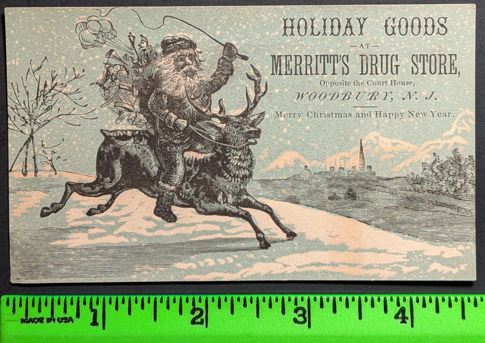 Vintage Merritt's Drug Store Santa Rides Reindeer Woodbury NJ Trade Card