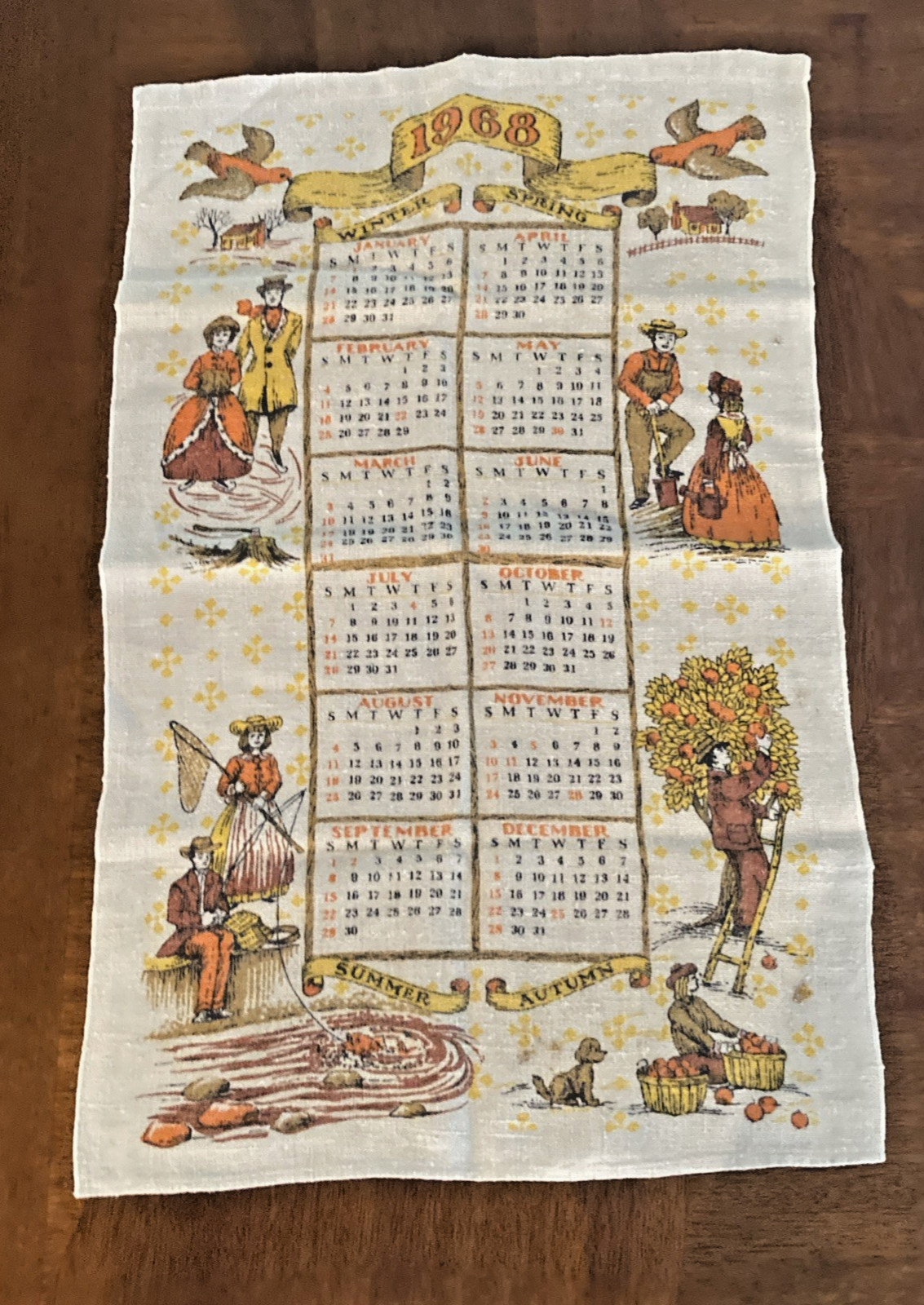 Vintage Linen Wall Calendar 1968 Kitchen Towel Courting Couple Seasons