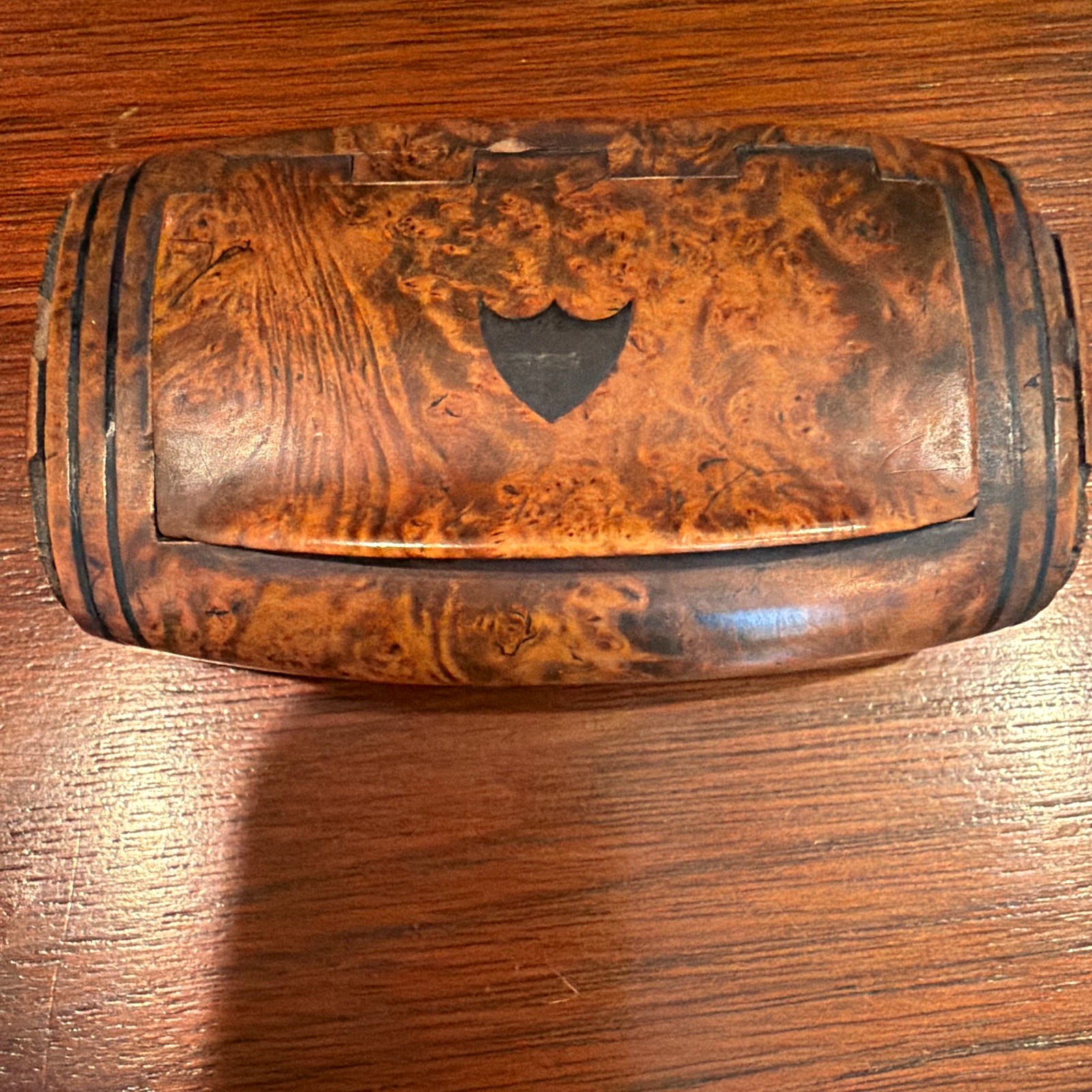 Antique 19thC Scottish Mauchline Ware Burr Wood Snuff Box Integrated WoodenHinge
