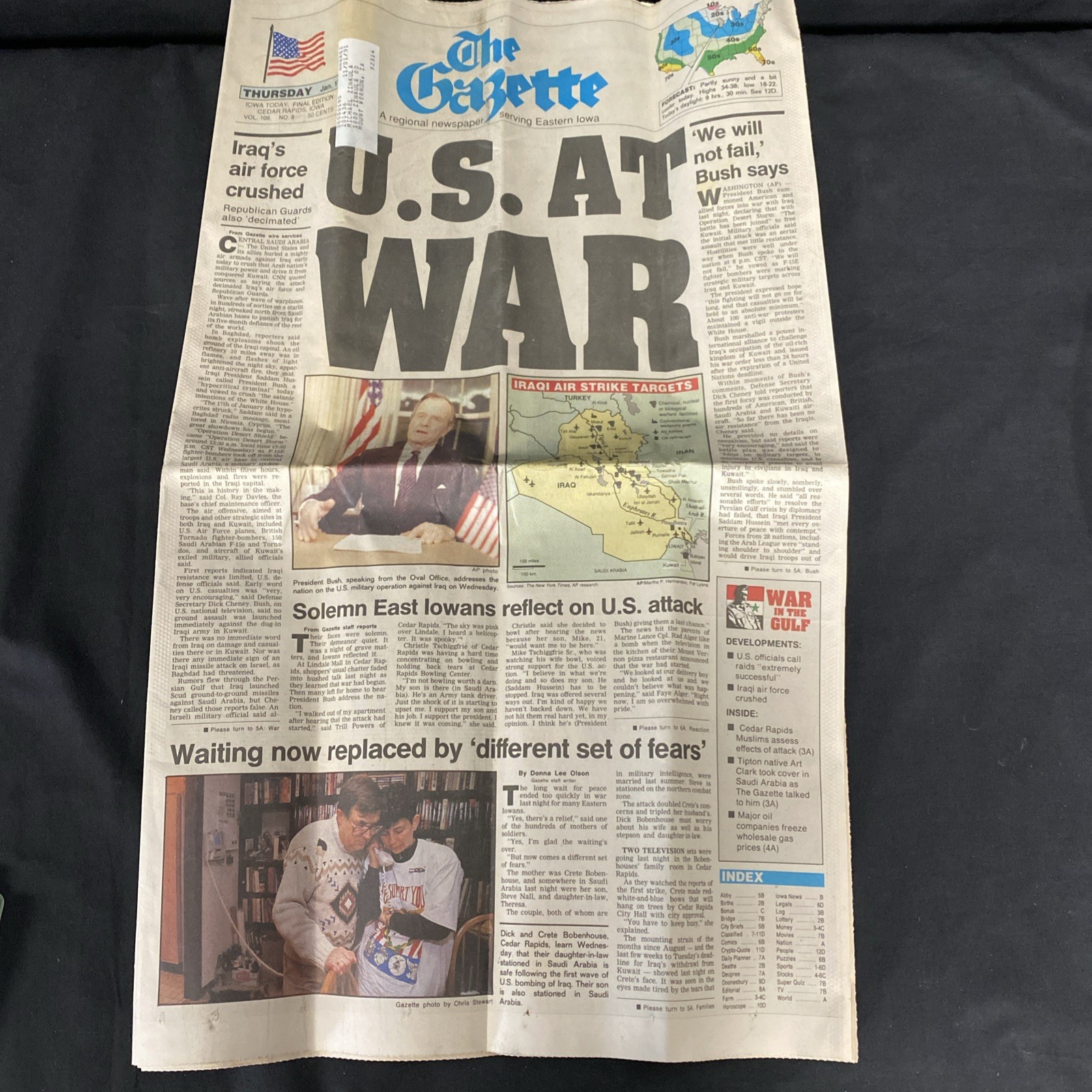Cedar Rapids Gazette - January 17, 1991 - U.S. AT WAR Edition - Gulf War IA Iowa