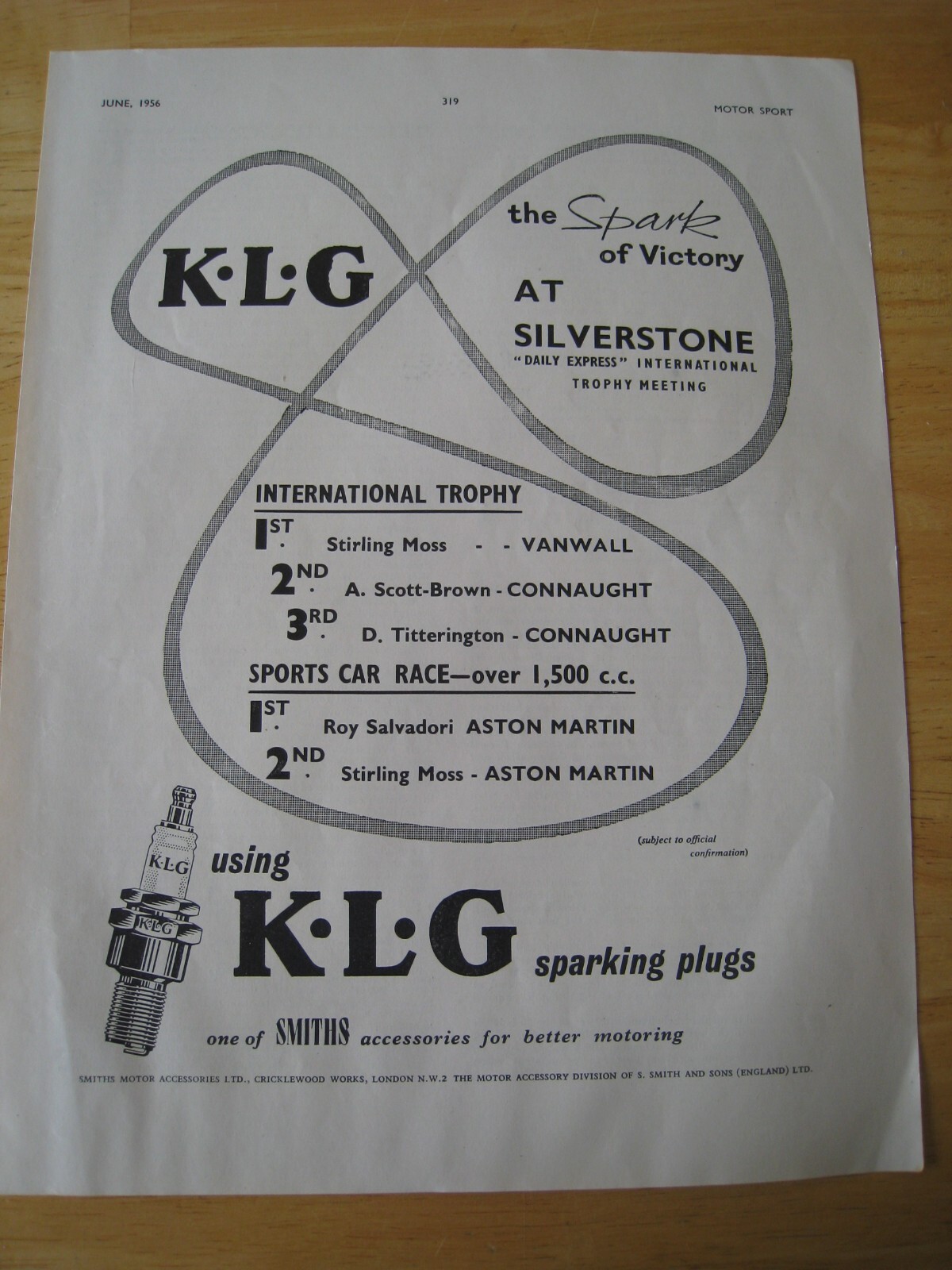 KLG SPARK OF VICTORY AT SILVERSTONE SPARK PLUGS 1956 ADVERT A4 FILE 39