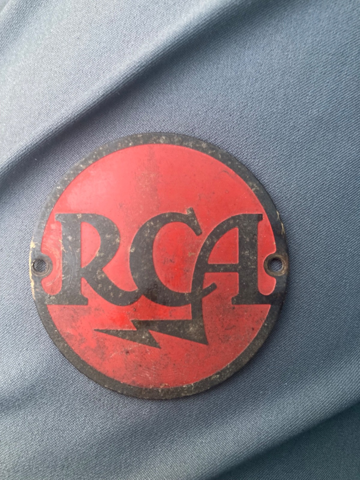 Vintage RCA Metal Meatball Emblem Red Black Lightning Bolt Logo