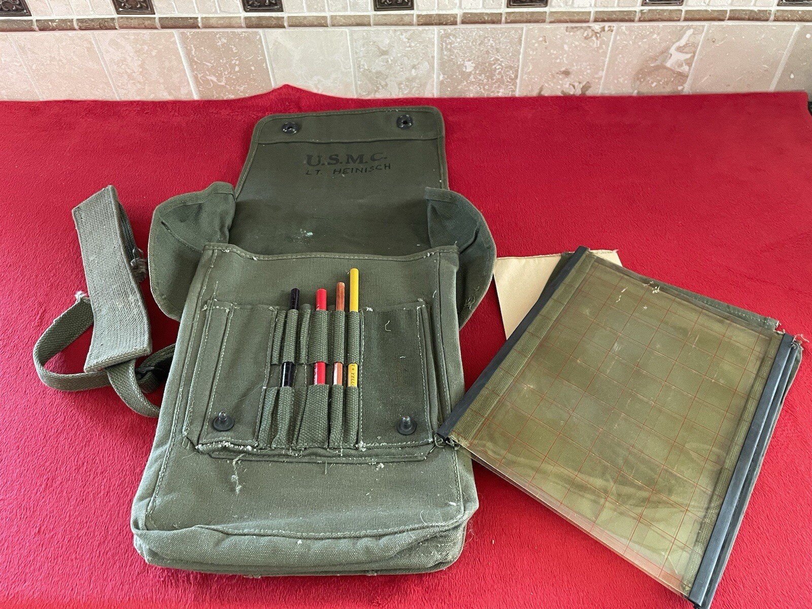 ID\'d USMC Map Dispatch Case Bag w/ Pencils 1944 WWII Original MARINE CORPS M1938