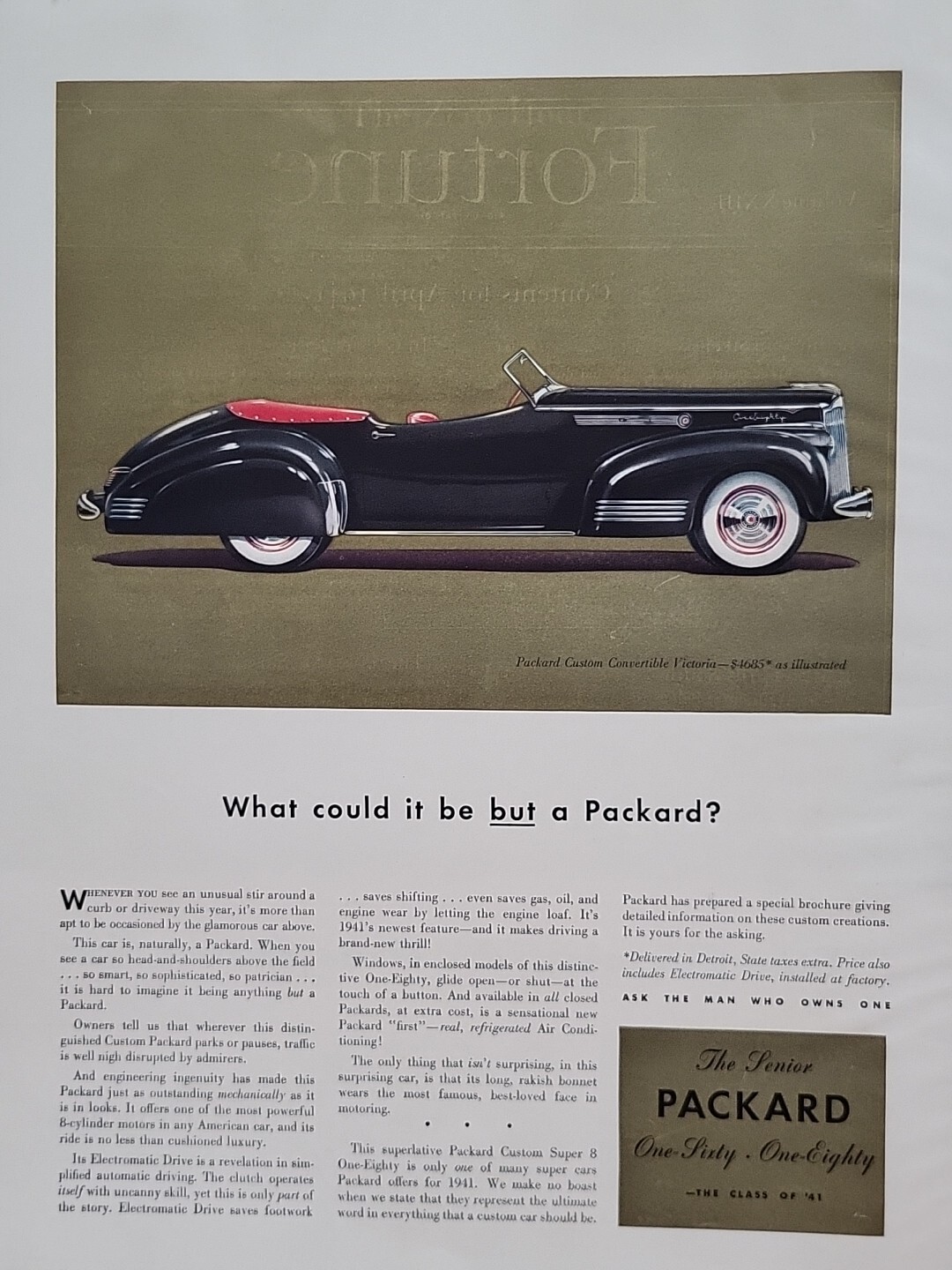 1941 Senior Packard Convertible  Fortune WW2 Print Ad Detroit