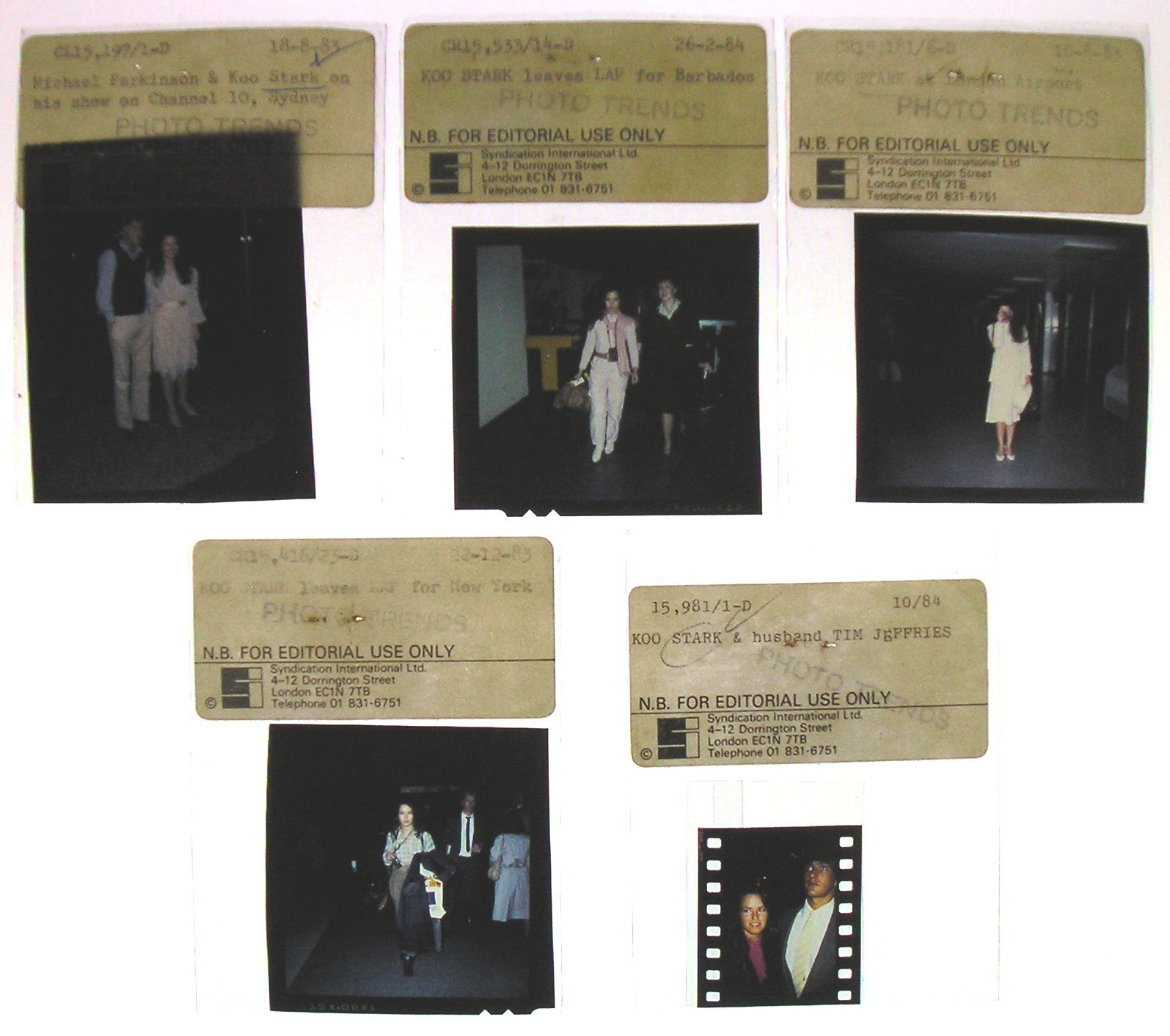 5 ORIGINAL COLOUR PRESS PHOTOGRAPHIC NEGATIVES OF THE BEAUTIFUL MODEL KOO STARK