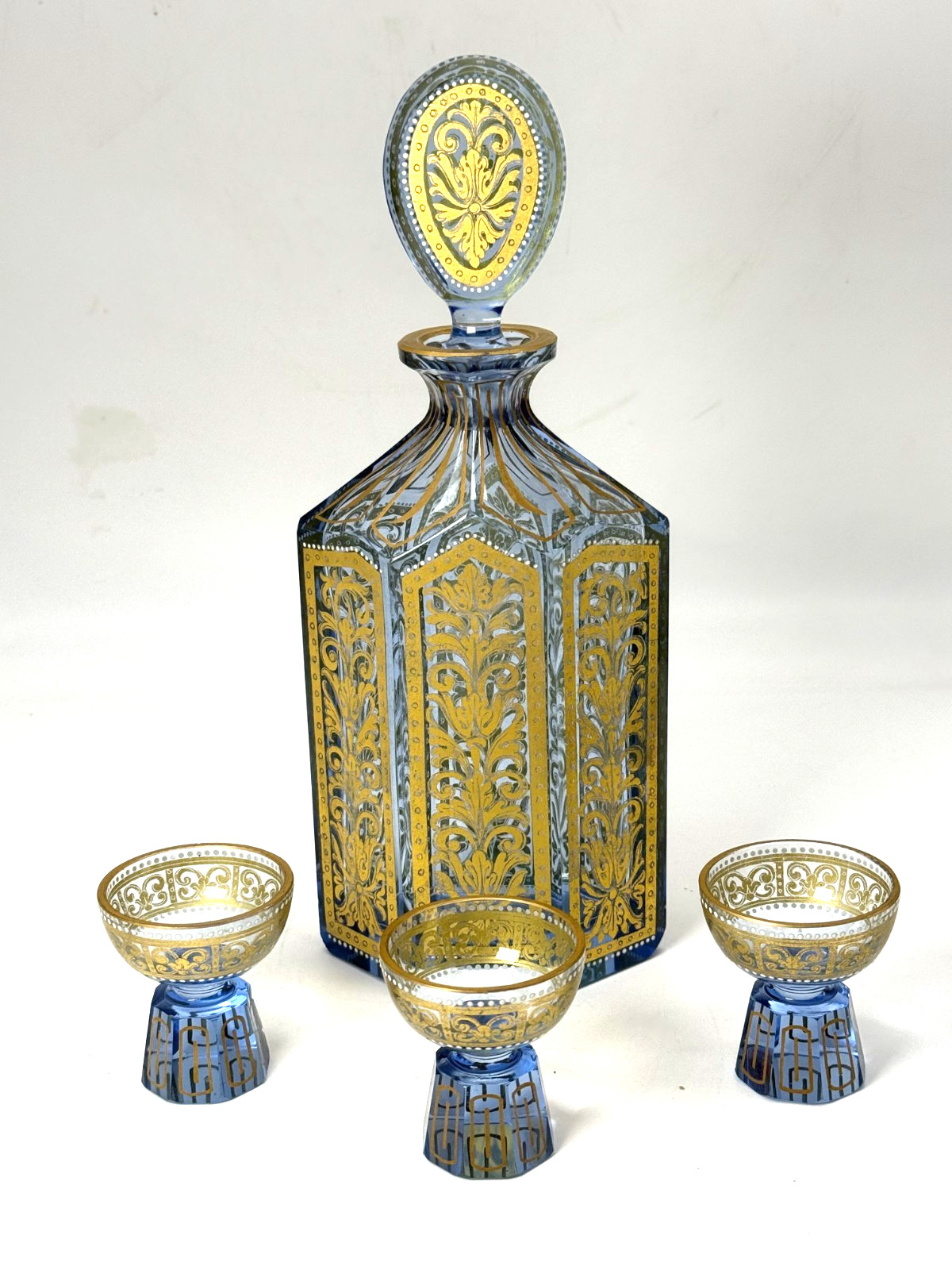 Antique Early Rare Moser Decanter Set w/Gold Enameled Filigree Scrollwork