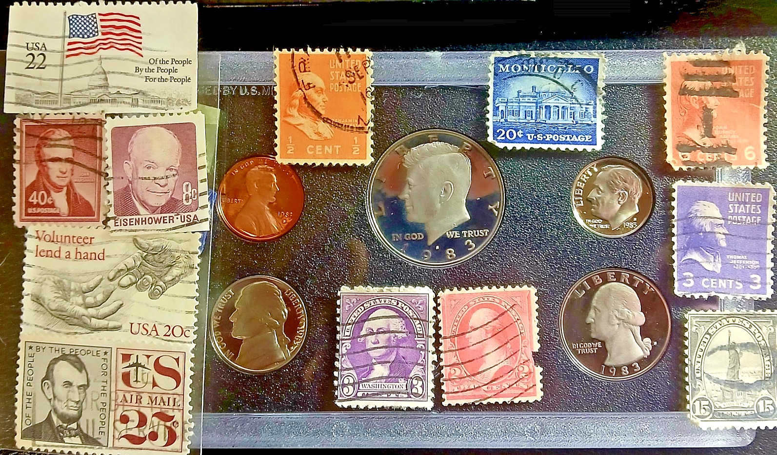 1983 S Proof Set Original Box 5 Coins+Rare US 19stamp mix collection trove combo