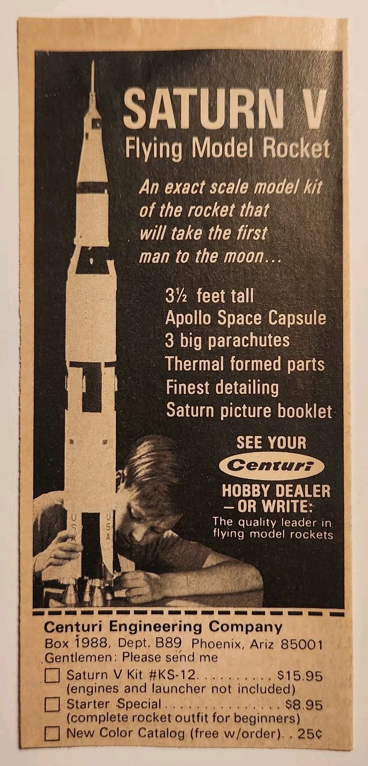 1969 Centuri Saturn V Model Rocket Retro Original Print Ad Phoenix AZ