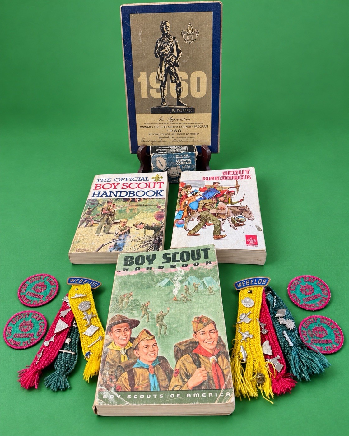 Vintage BSA Boy Scout Lot 1960 Plaque 1965 Handbook Webelos Pins Patches Compass