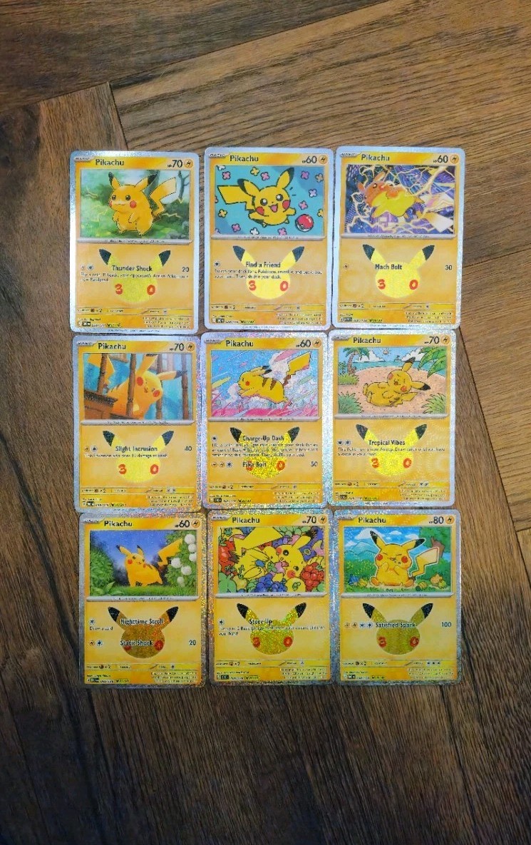 Assorted Pikachus From 30th Anniversary Set All Pack Fresh and NM 9 Cards