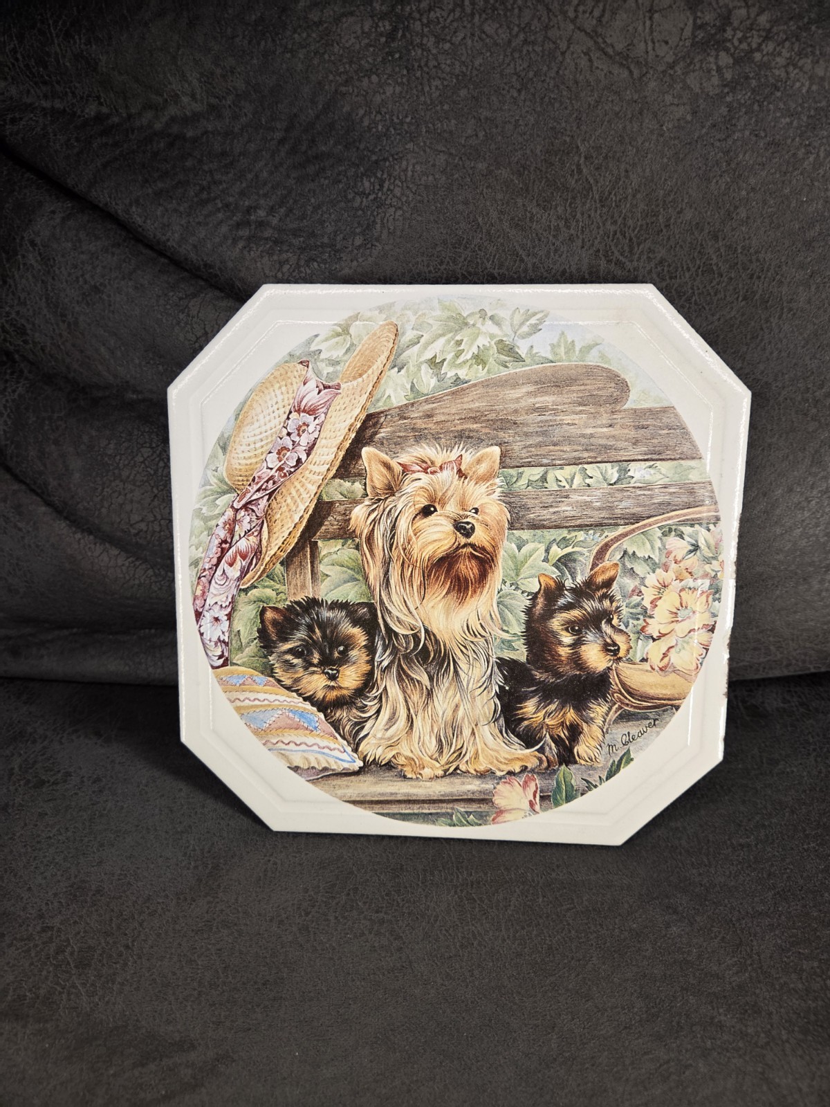 Vintage M Cleaver Yorkshire Terrier Ceramic Tile Trivet Yorkie Dog Plaque 8\