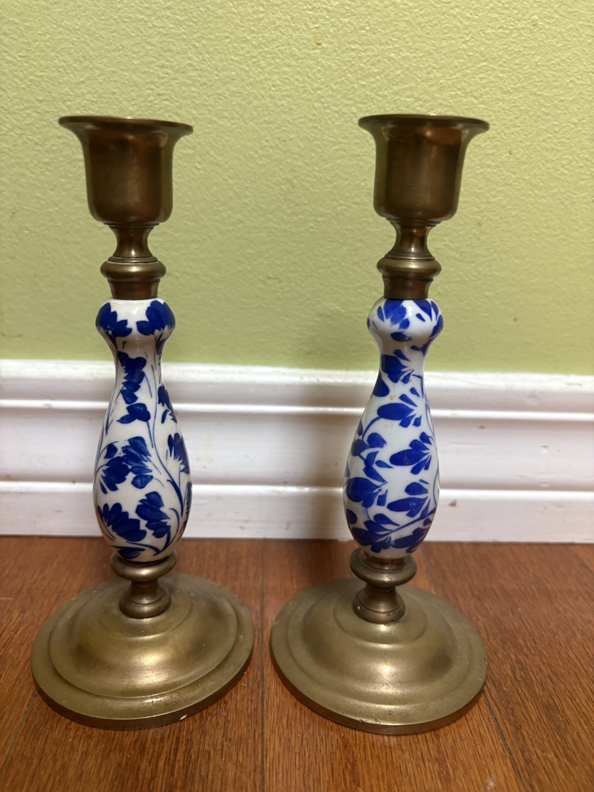 Pair Chinoiserie Candlesticks Brass Blue and White Porcelain Bulbous 7-1/2” Tall