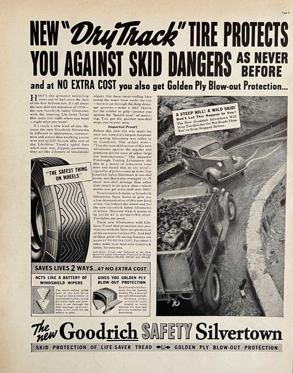 1938 Goodrich Print Ad Protects Against Skid Dangers Silvertown Tires Ephemera
