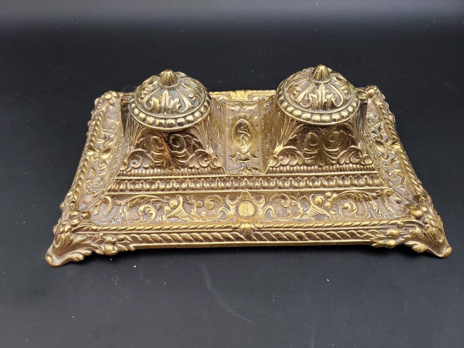 Antique D.L No 9 Depose' Art Nouveau Brass Double Brass Cup Inkwell Ornate