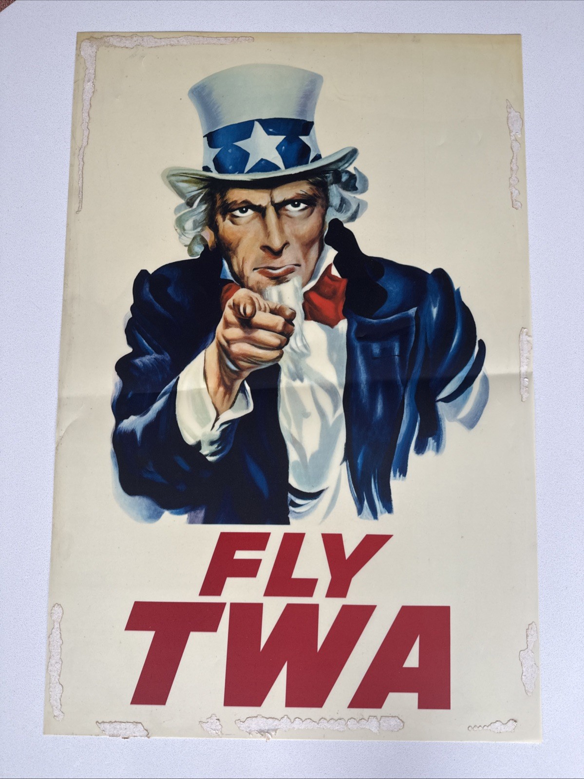 1960's  FLY TWA Airline Poster “Uncle Sam” Display Advertising