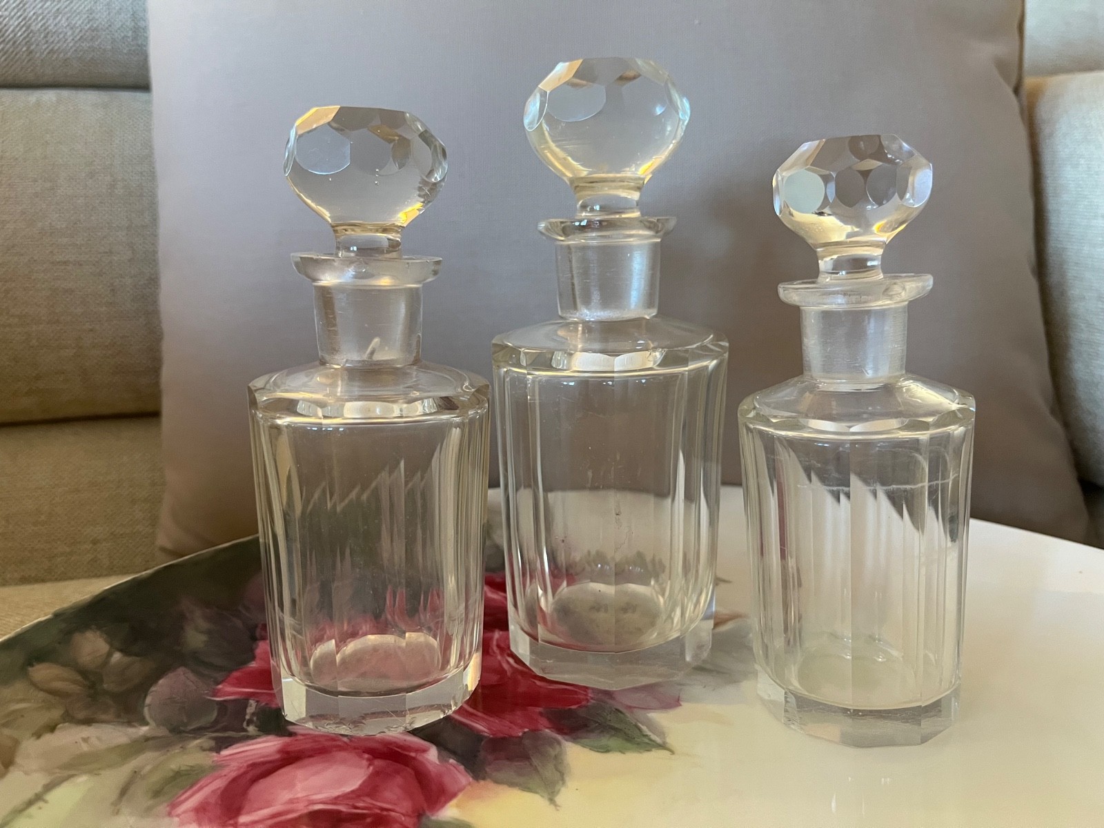 Set of 3 antique  French faceted crystal perfume bottles with original stoppers