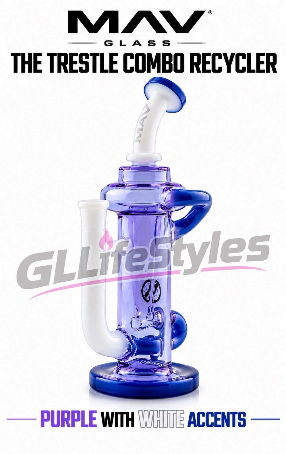 MAV GLASS, THE TRESTLE COMBO RECYCLER, WATER PIPE, BONG, HOOKAH PURPLE AND WHITE