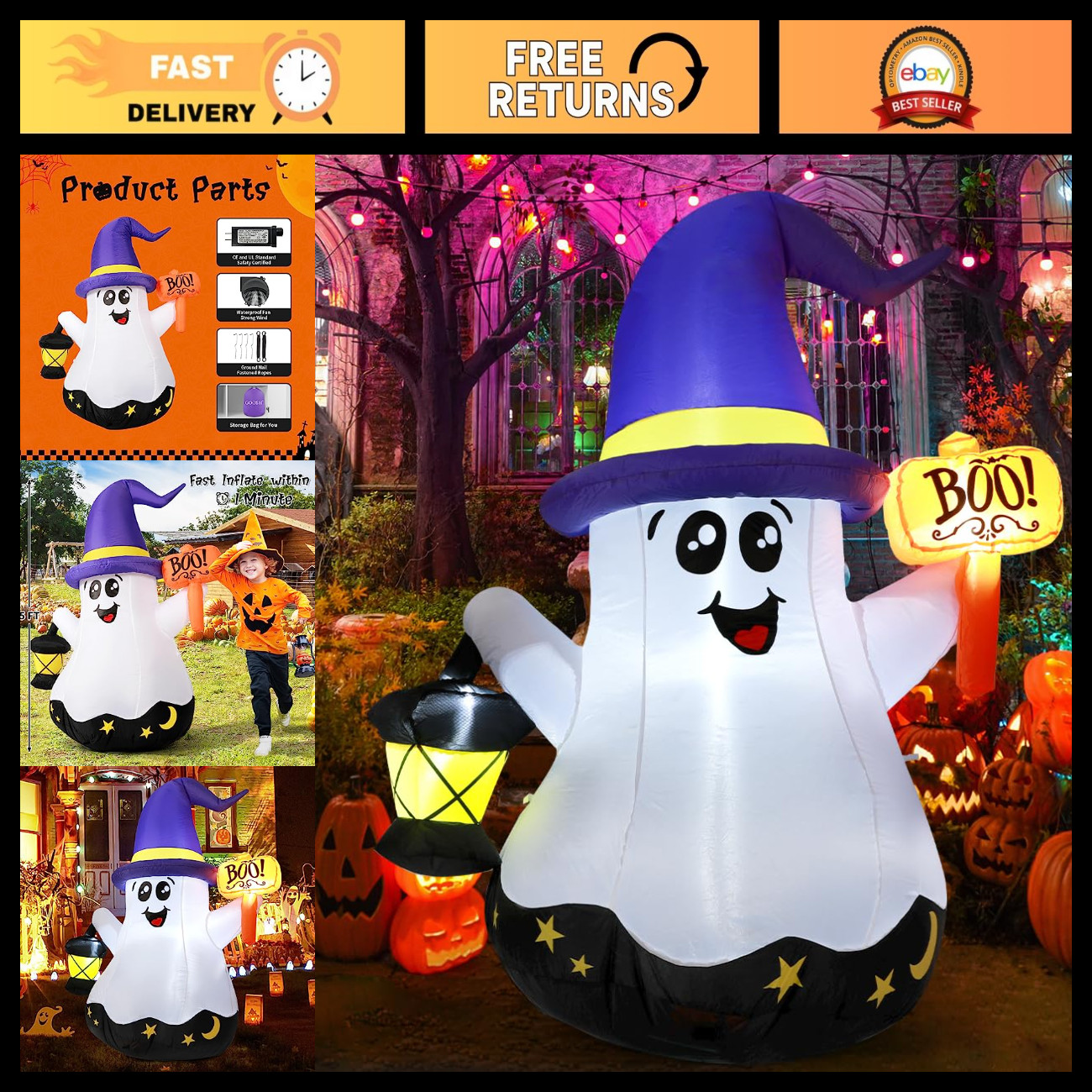 5FT Halloween Inflatable Ghost Decoration - Cute Wizard with LED Lights for Yard