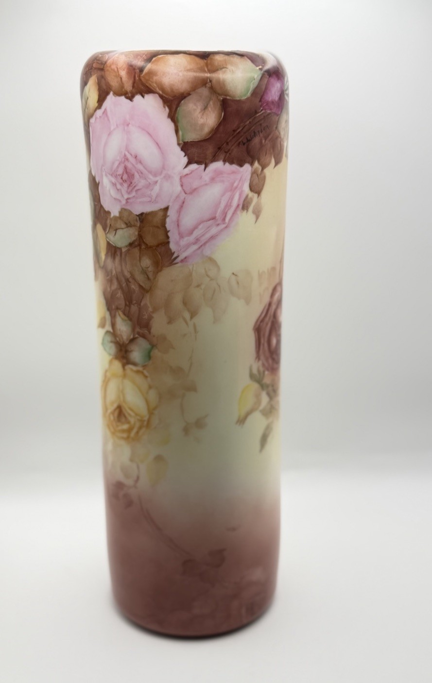 ANTIQUE PORCELAIN VASE ROSES FLOWERS VIENNA AUSTRIA LRG 12” SIGNED JOHNSON
