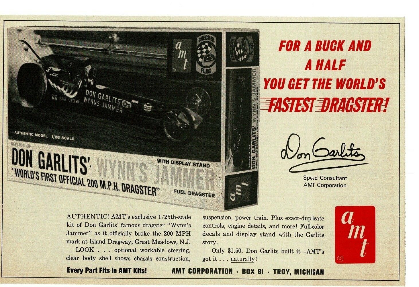1965 AMT Model Car Kit DON GARLITS Wynn\'s Jammer dragster Vintage Print Ad 