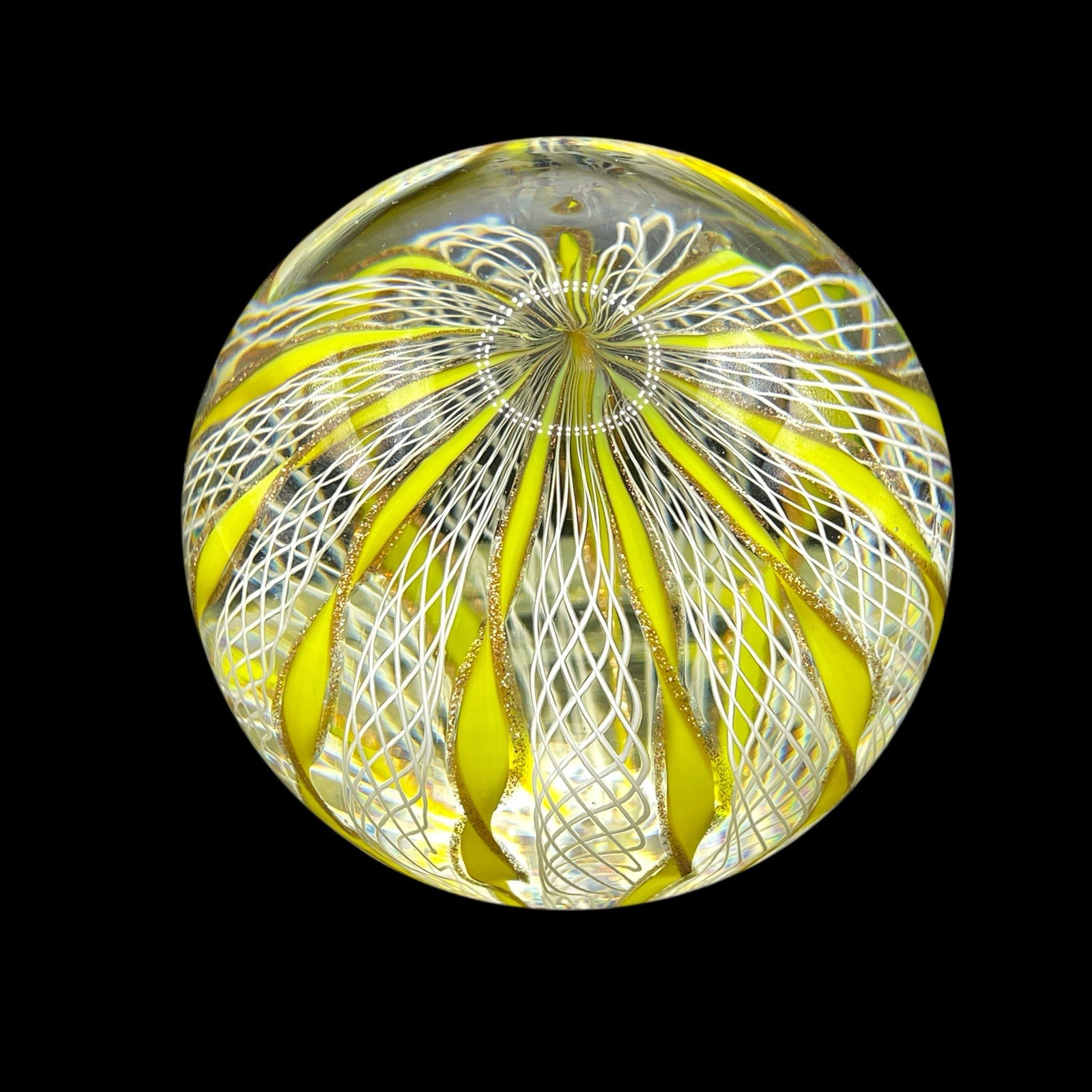 VTG Murano Glass Paperweight Yellow RIbbon White Filigrana 2 3/8