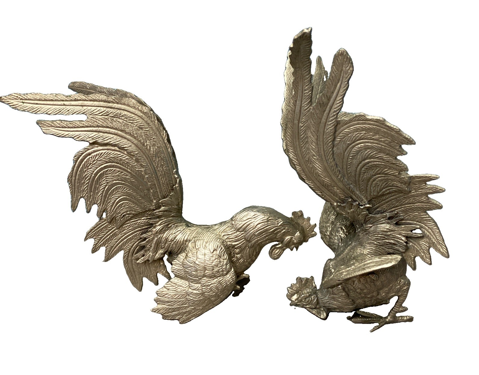 Vintage Pair Brass Fighting Cocks Roosters Mid Century Detailed Heavy Birds