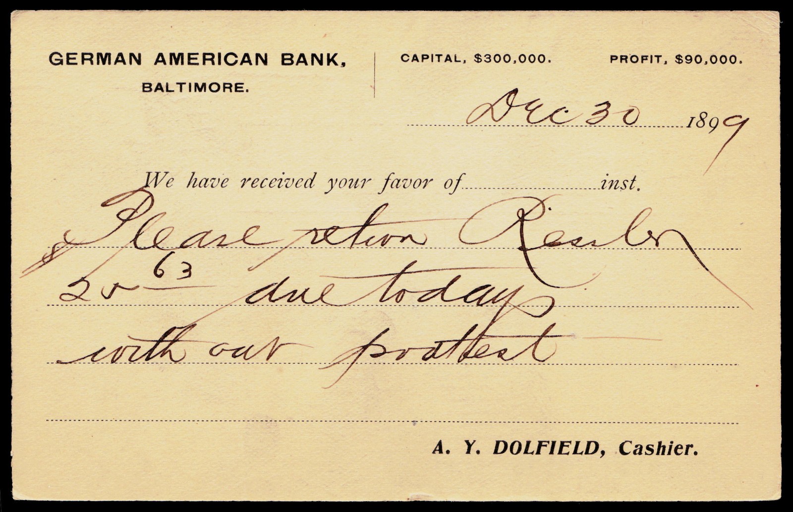 1899 German American Bank Baltimore MD Victorian Litho Postmarked Postal Card