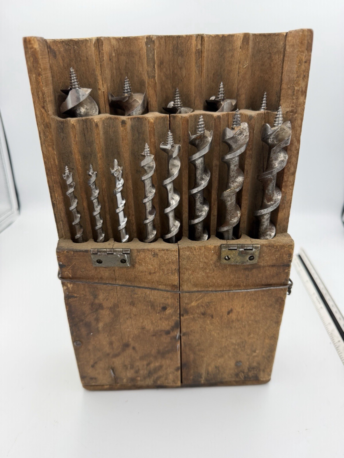 Vintage Wood Auger Bit Set with Wooden Box - Wards, Irwin, Green - Mixed Lot