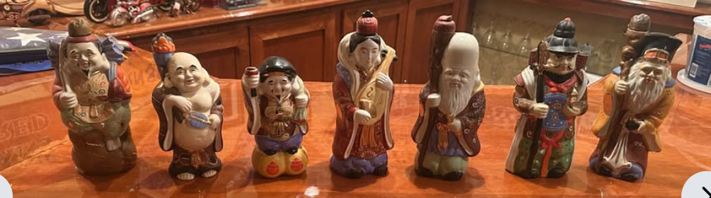 Vintage Japanese Seven Lucky Gods Sake Bottles Set of 7 Hand Painted Porcelain