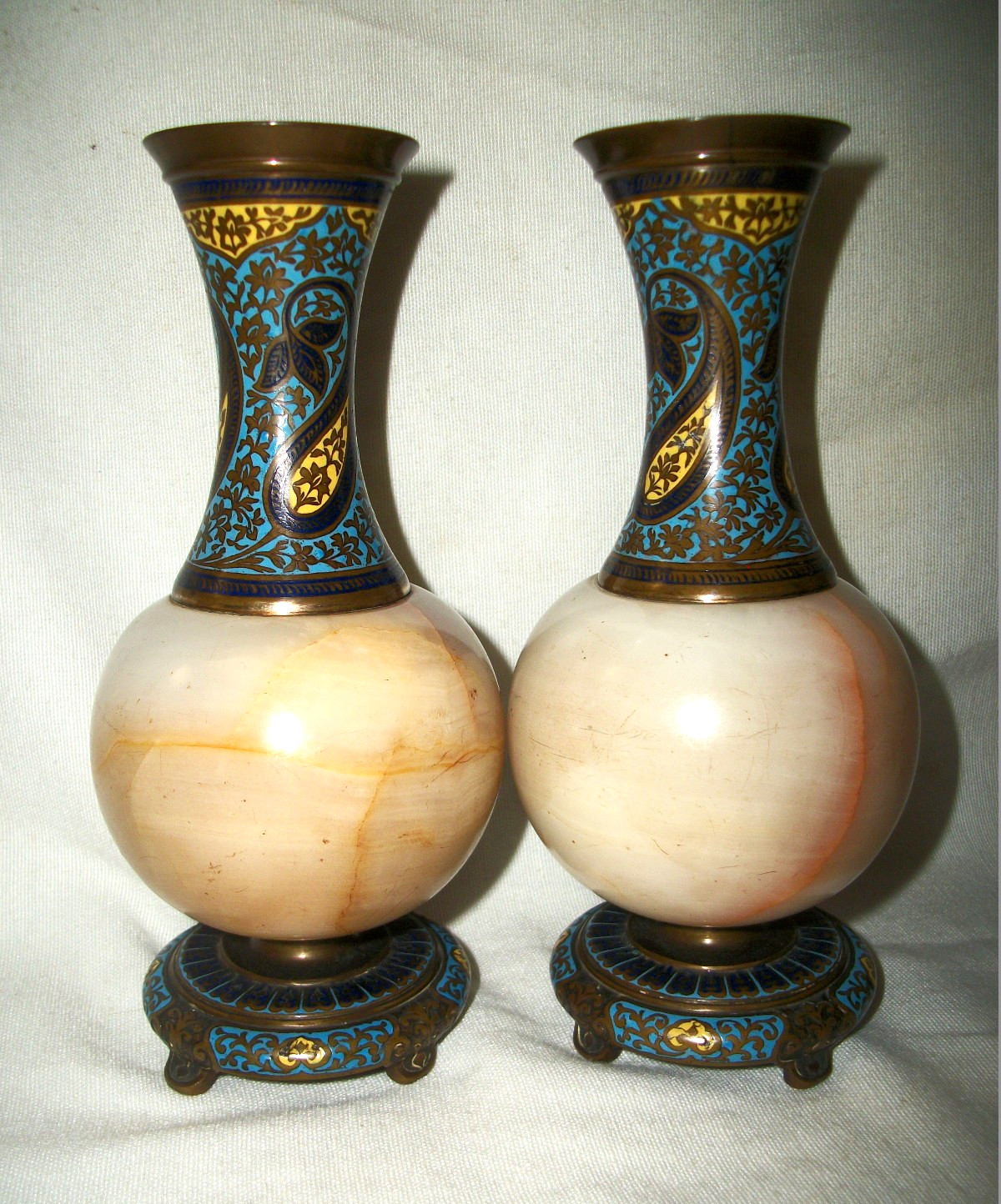 OLD PAIR CHAMPLEVE FRENCH ONYX CLOISONNE BRONZE ENAMEL 6.5\