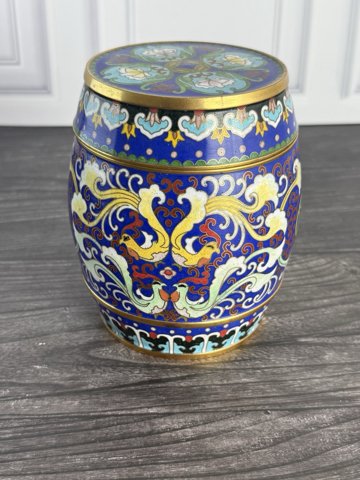 Vintage Chinese Cloisonne Enamel Lidded Jar Tea Caddy Birds Floral Blue 5.25”