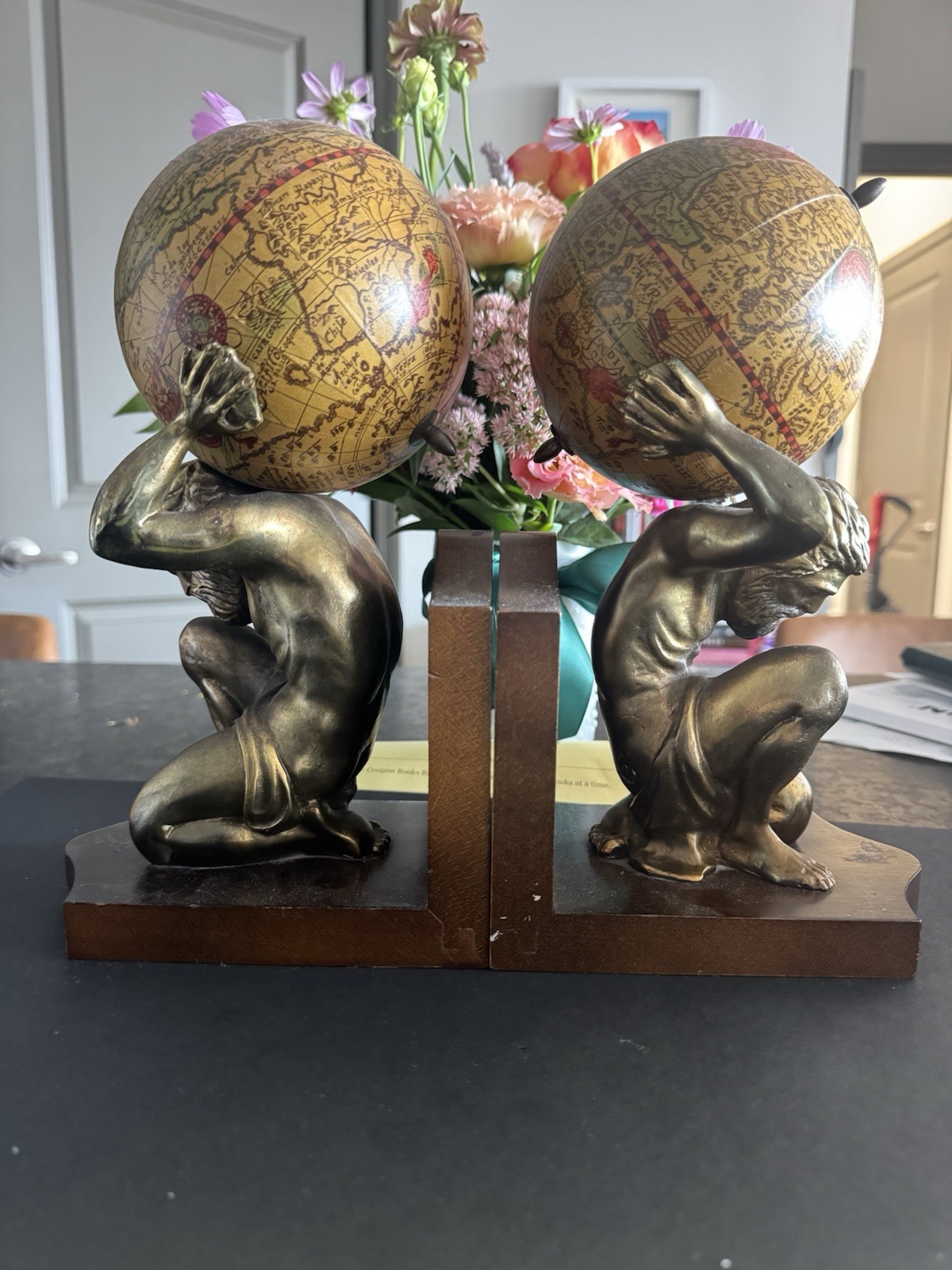 MCM Vintage Atlas Brass Bookends With Wooden base Excellent Condition