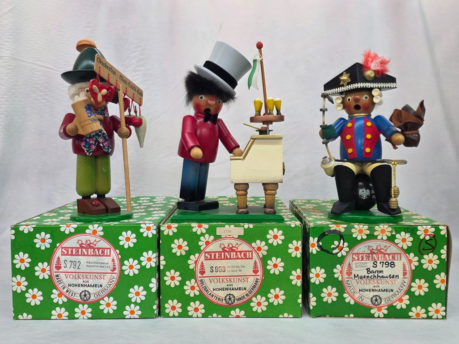 3 German Steinbach Incense Smokers  In Boxes-Munchausen, Otto, Bavarian Rascal