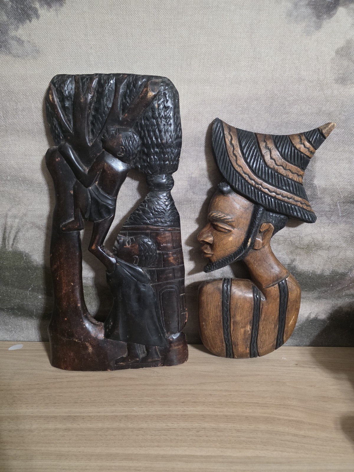 Vintage Hand Carved Wooden African Wall Art Plaques Lot of 2 Tribal Village Bust
