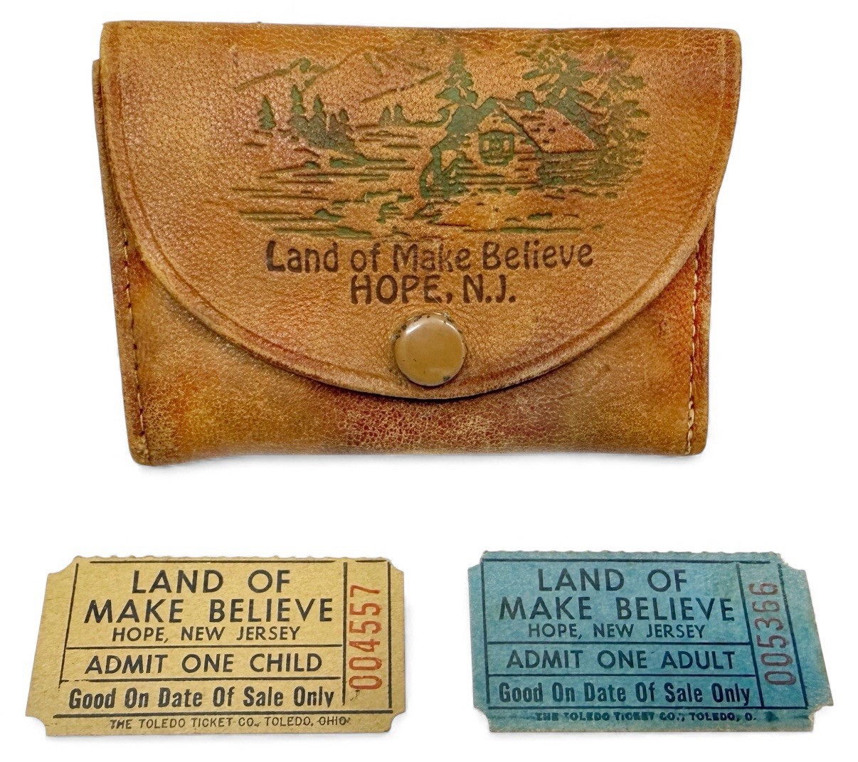 Vintage 1950’s Land of Make Believe Hope NJ Leather Key Holder & 2 Tickets
