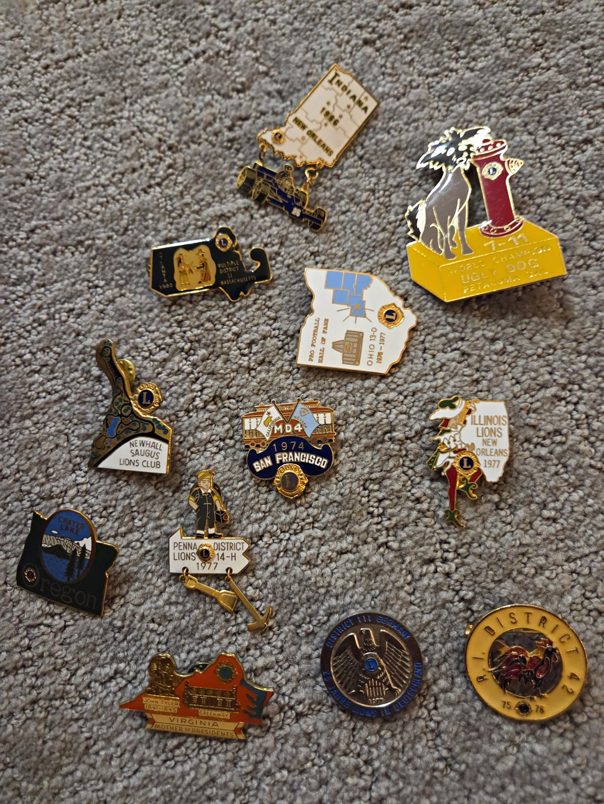 RARE LOT 12 VINTAGE LIONS CLUB PINS - INDIANA F1 GERMANY OREGON CA 1970s-80s