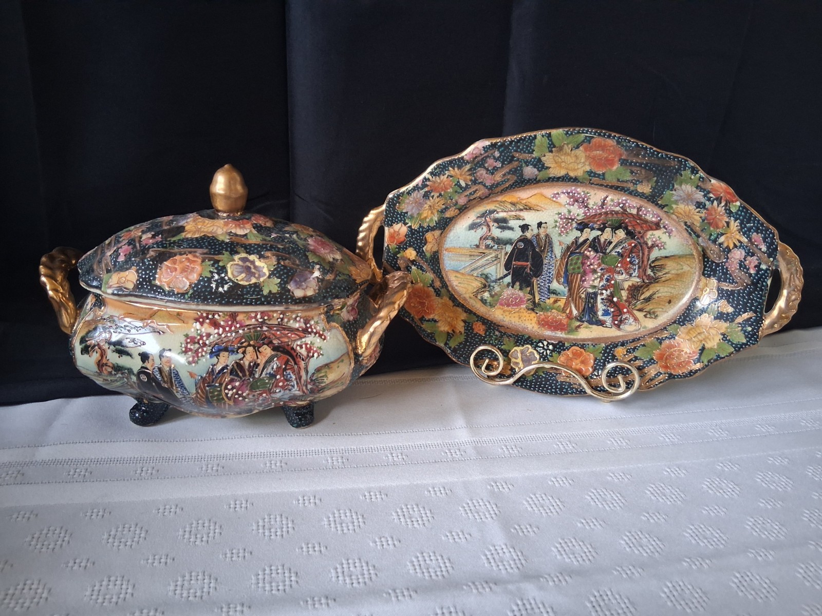 Vintage Japanese Royal Satsuma Footed Covered Dish Tureen With Tray
